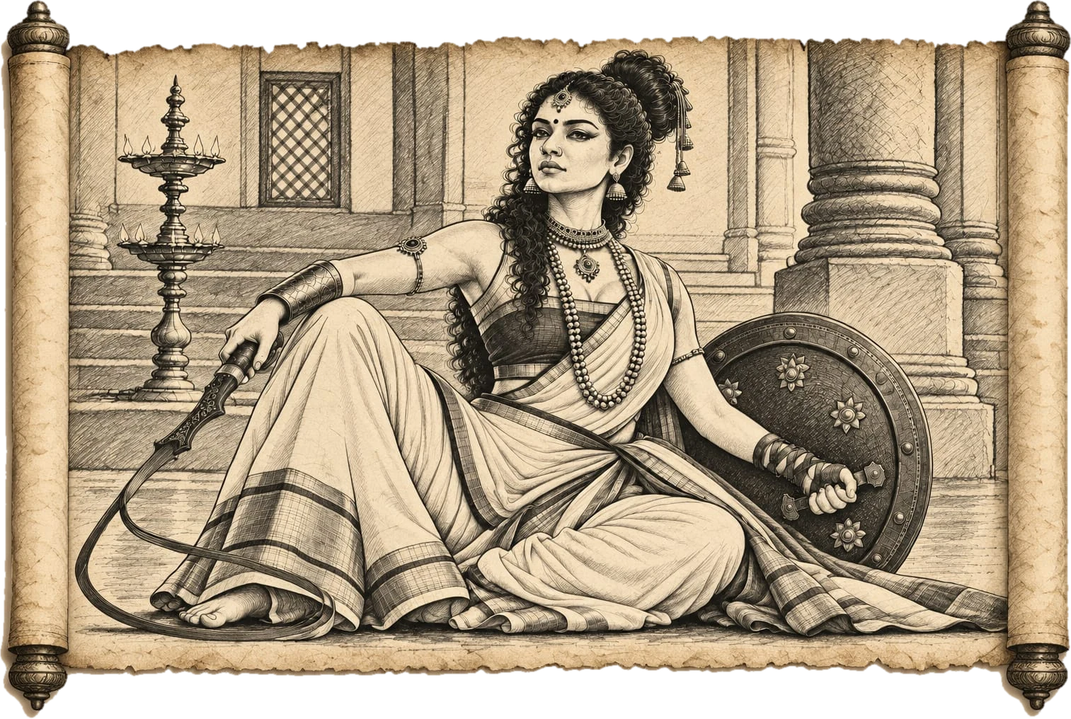 A pencil drawing of a warrior woman in a saree reclining on a temple floor, an urumi coiled in one hand and a round shield in the other, on an unrolled parchment scroll