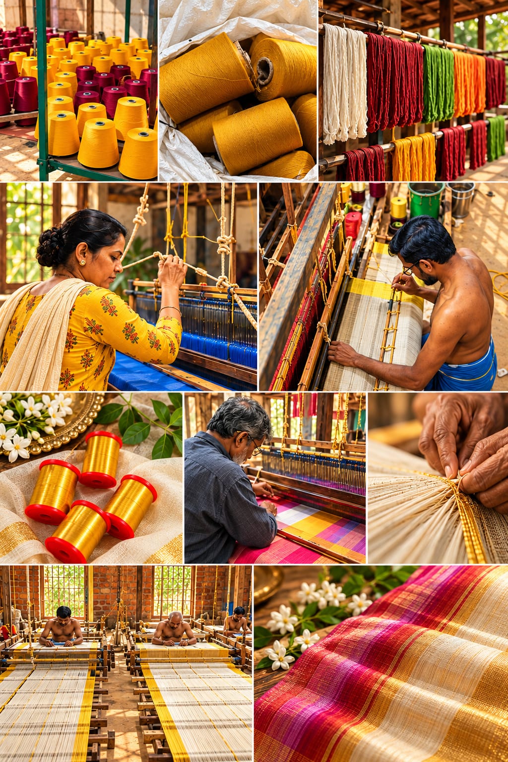 A collage of the handloom process: yarn cones and dyed hanks, weavers at their looms, spools of gold zari, hands knotting threads, and finished kasavu cloth